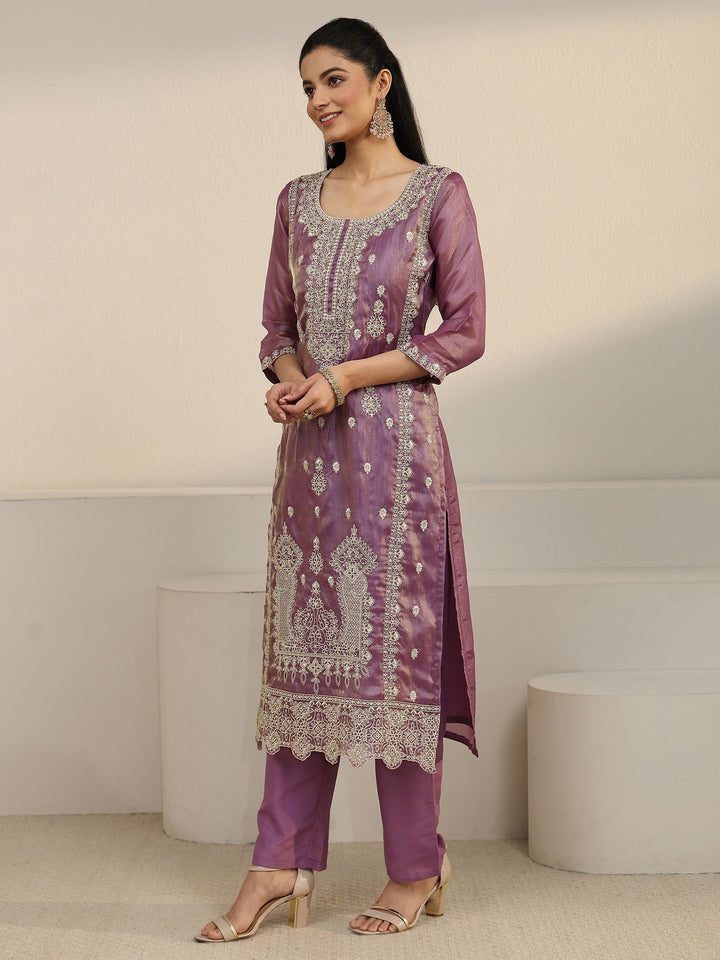 Libas Purple Floral Embroidered Organza Straight Suit Set