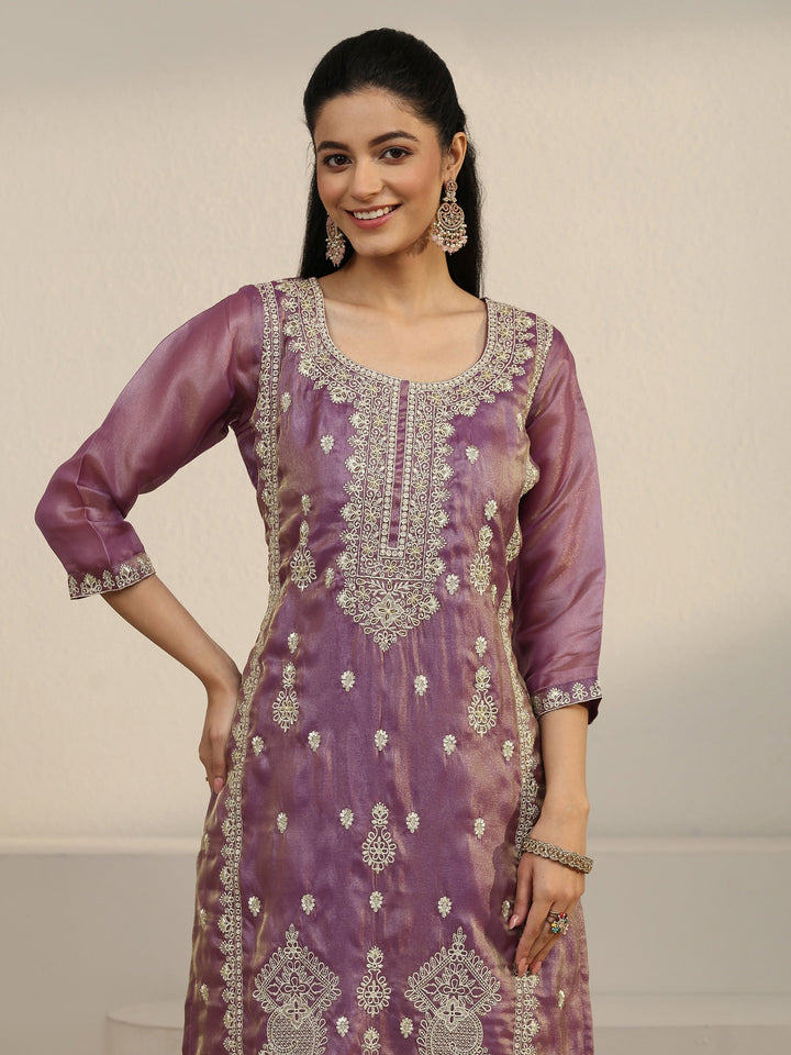 Libas Purple Floral Embroidered Organza Straight Suit Set