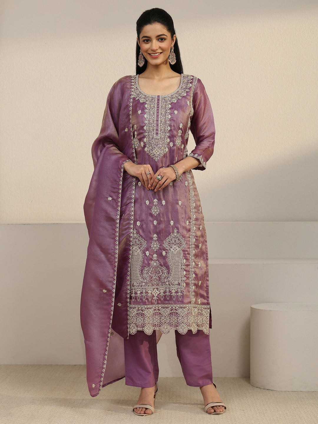Libas Purple Floral Embroidered Organza Straight Suit Set