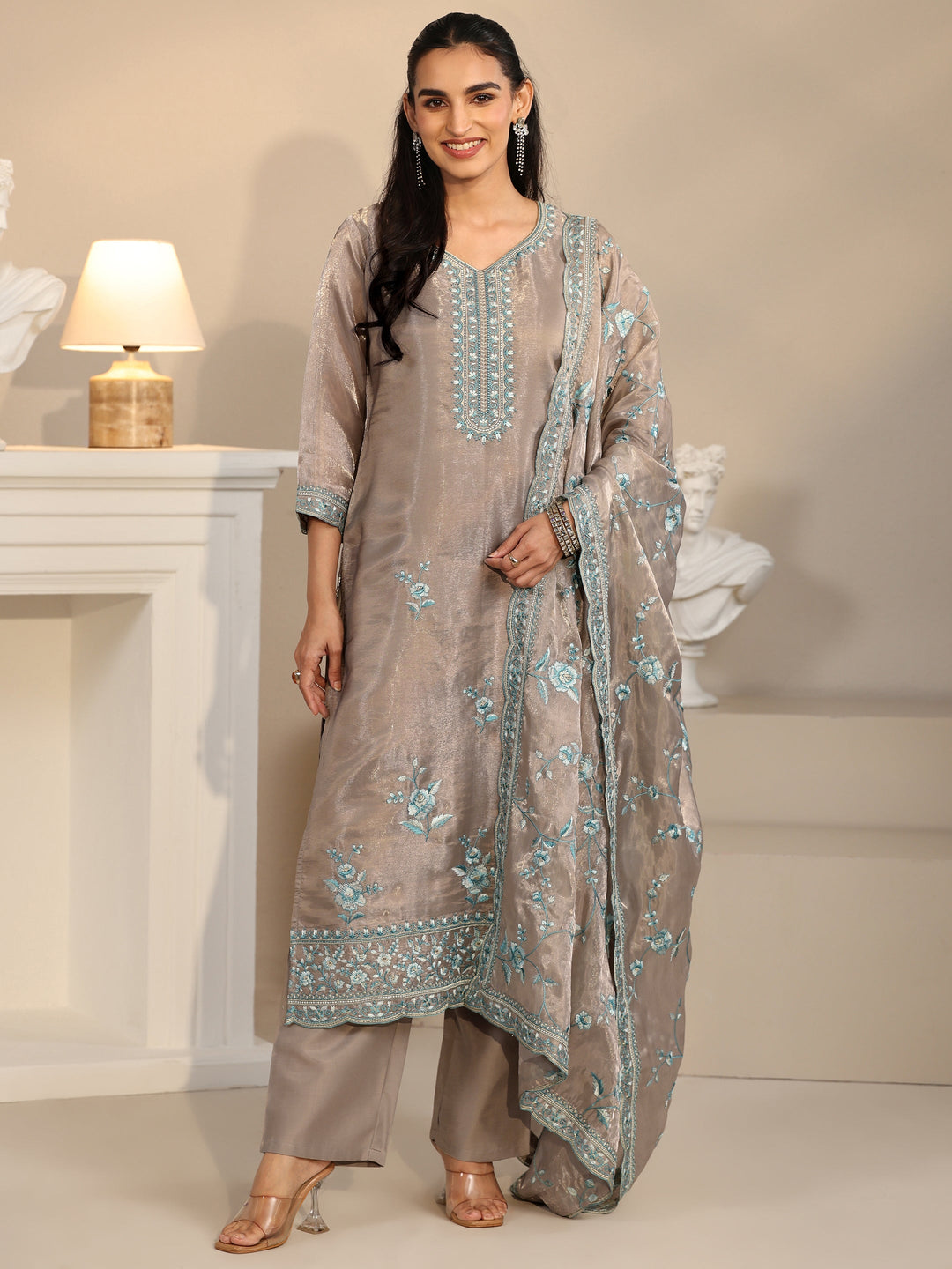 Libas Grey Floral Embroidered Organza Straight Suit Set