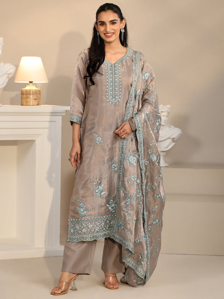 Libas Grey Floral Embroidered Organza Straight Suit Set
