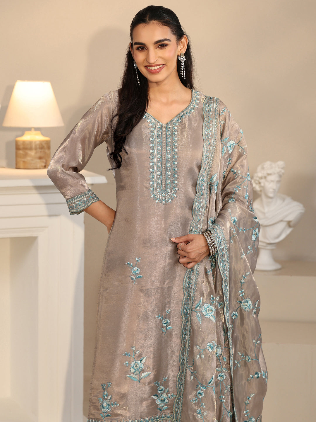 Libas Grey Floral Embroidered Organza Straight Suit Set