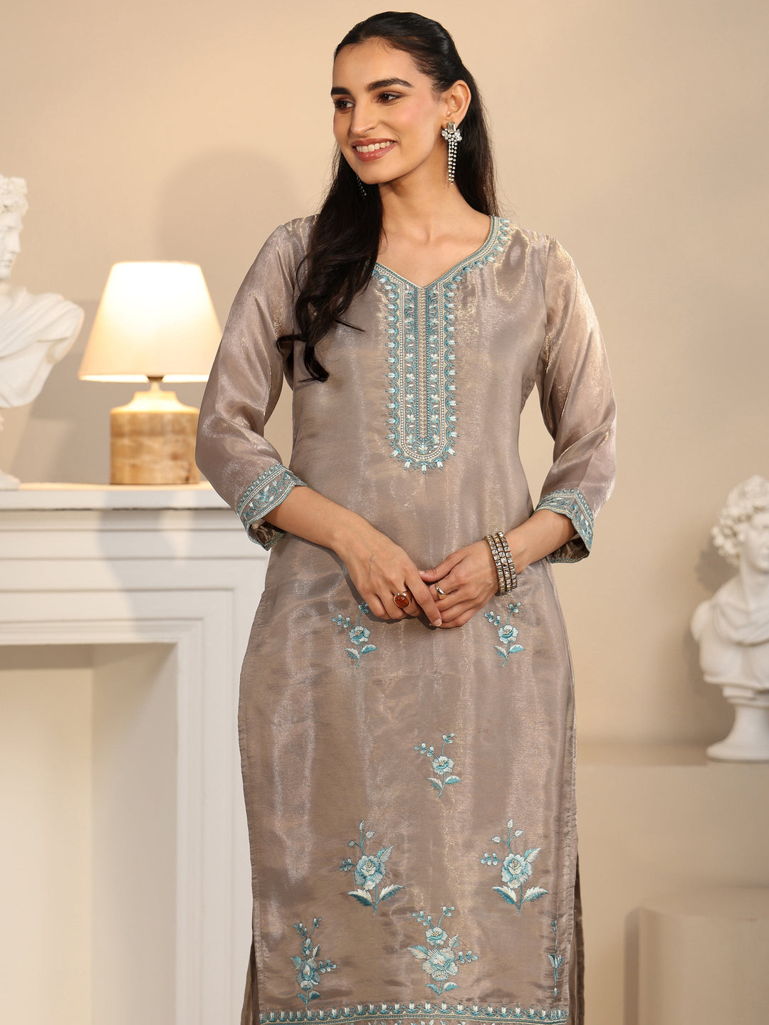 Libas Grey Floral Embroidered Organza Straight Suit Set