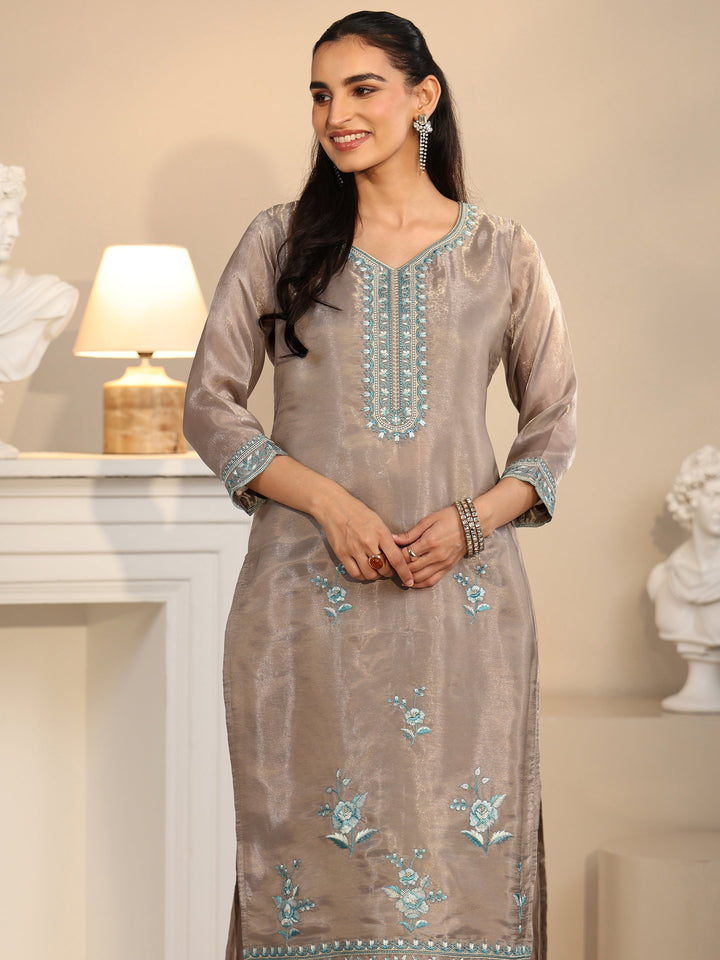Libas Grey Floral Embroidered Organza Straight Suit Set