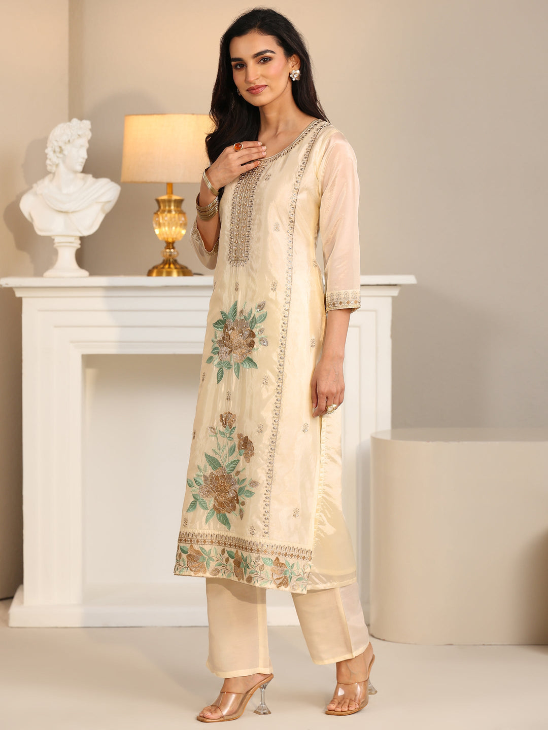 Libas Cream Floral Embroiderd Organza Straight Suit Set