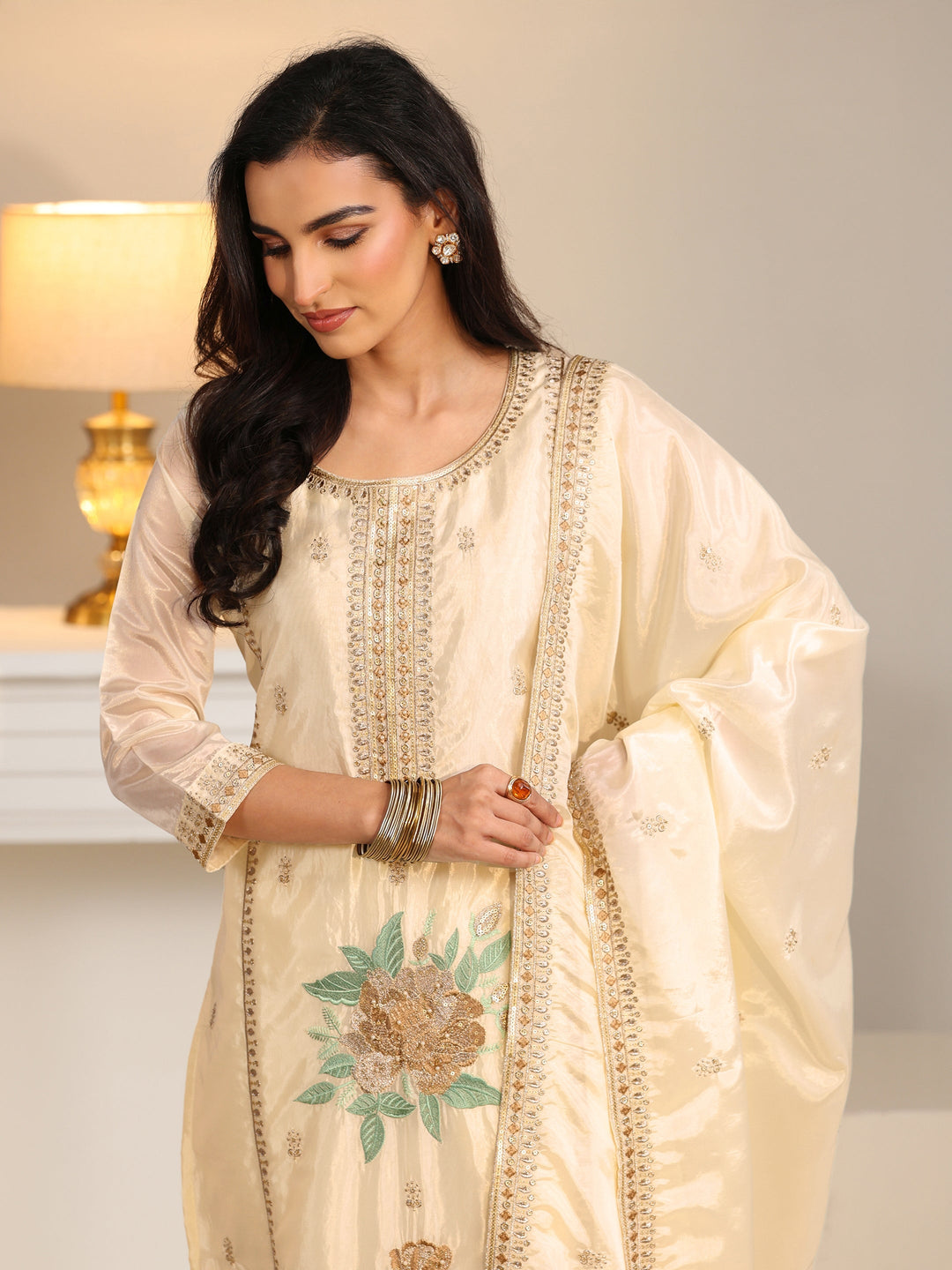 Libas Cream Floral Embroiderd Organza Straight Suit Set