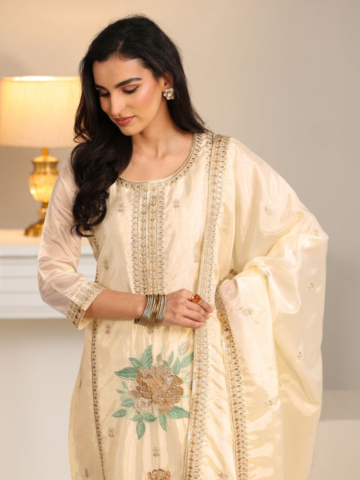 Libas Cream Floral Embroiderd Organza Straight Suit Set