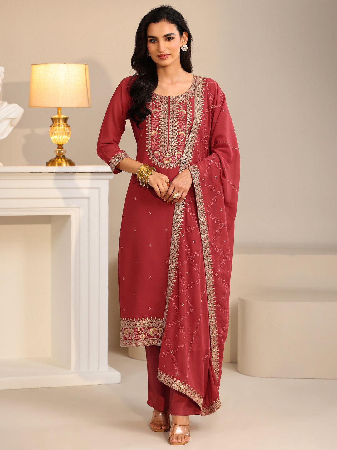 Libas Crimson Red Floral Embellished Georgette Straight Suit Set