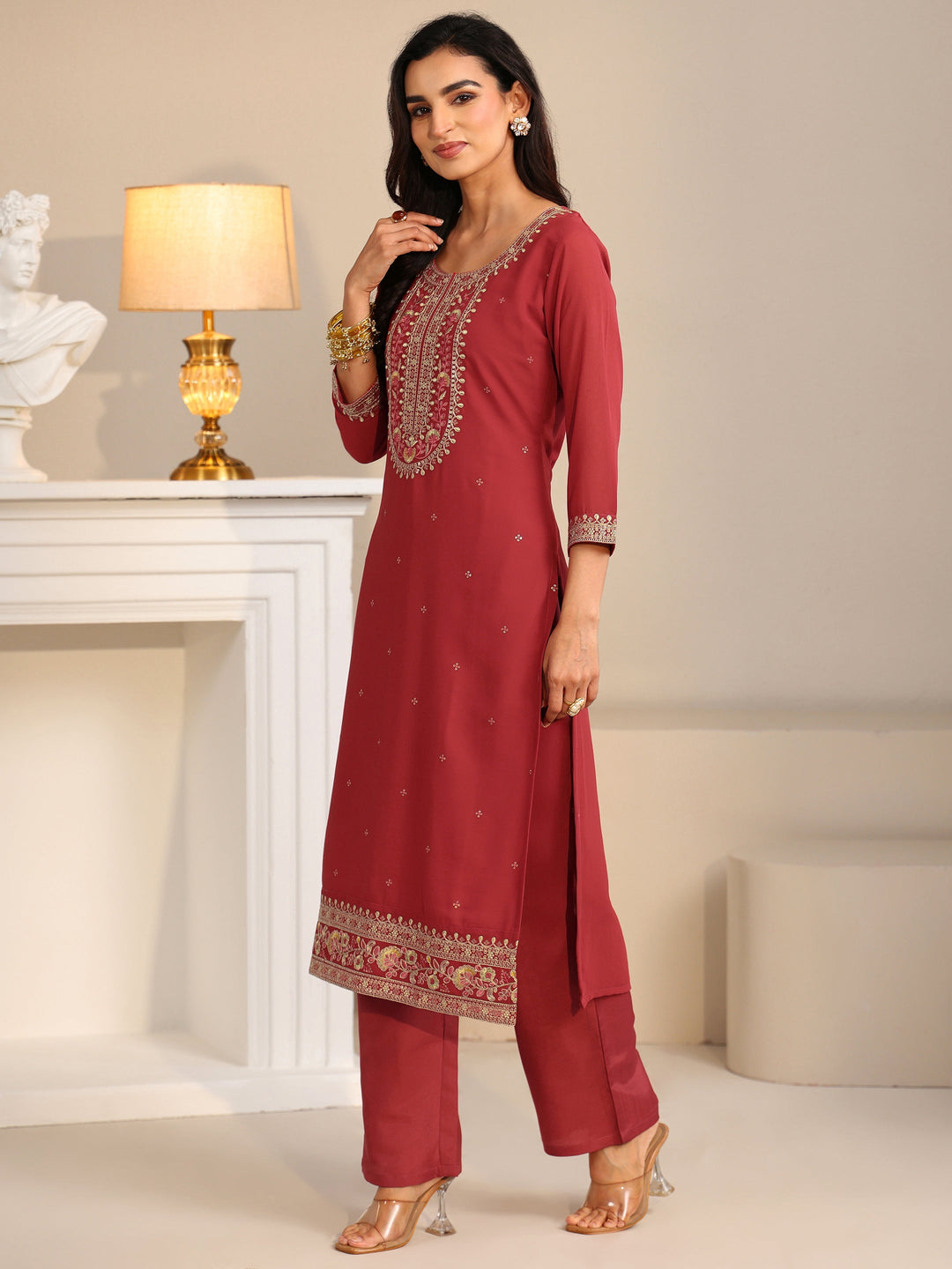 Libas Crimson Red Floral Embellished Georgette Straight Suit Set
