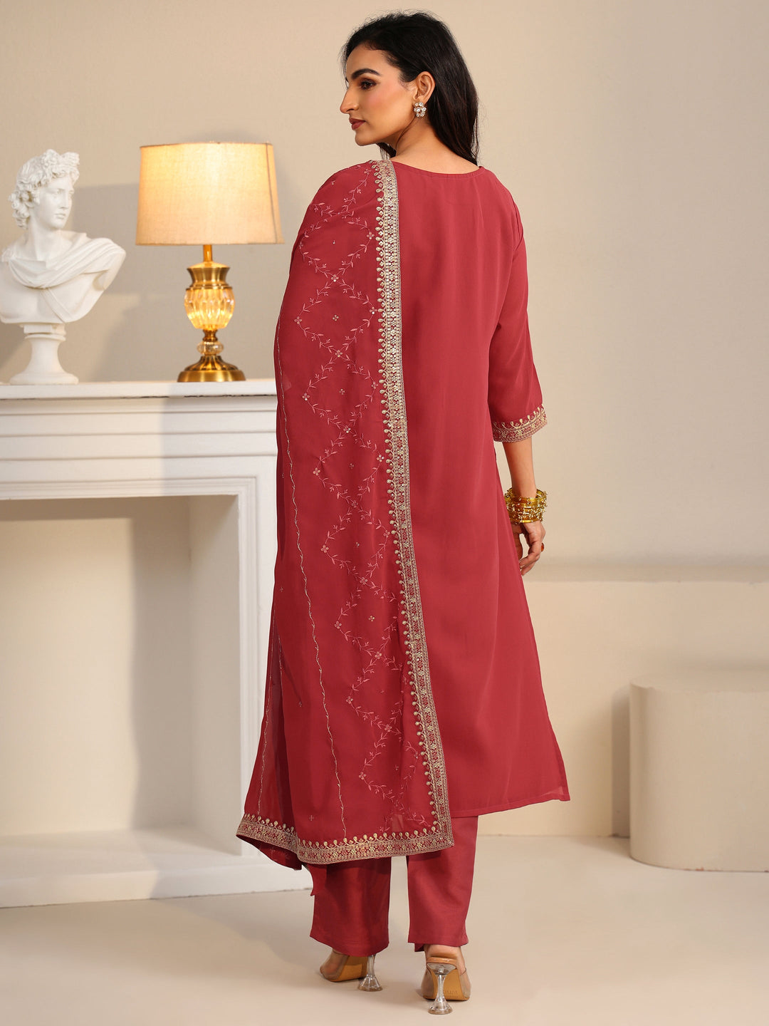 Libas Crimson Red Floral Embellished Georgette Straight Suit Set