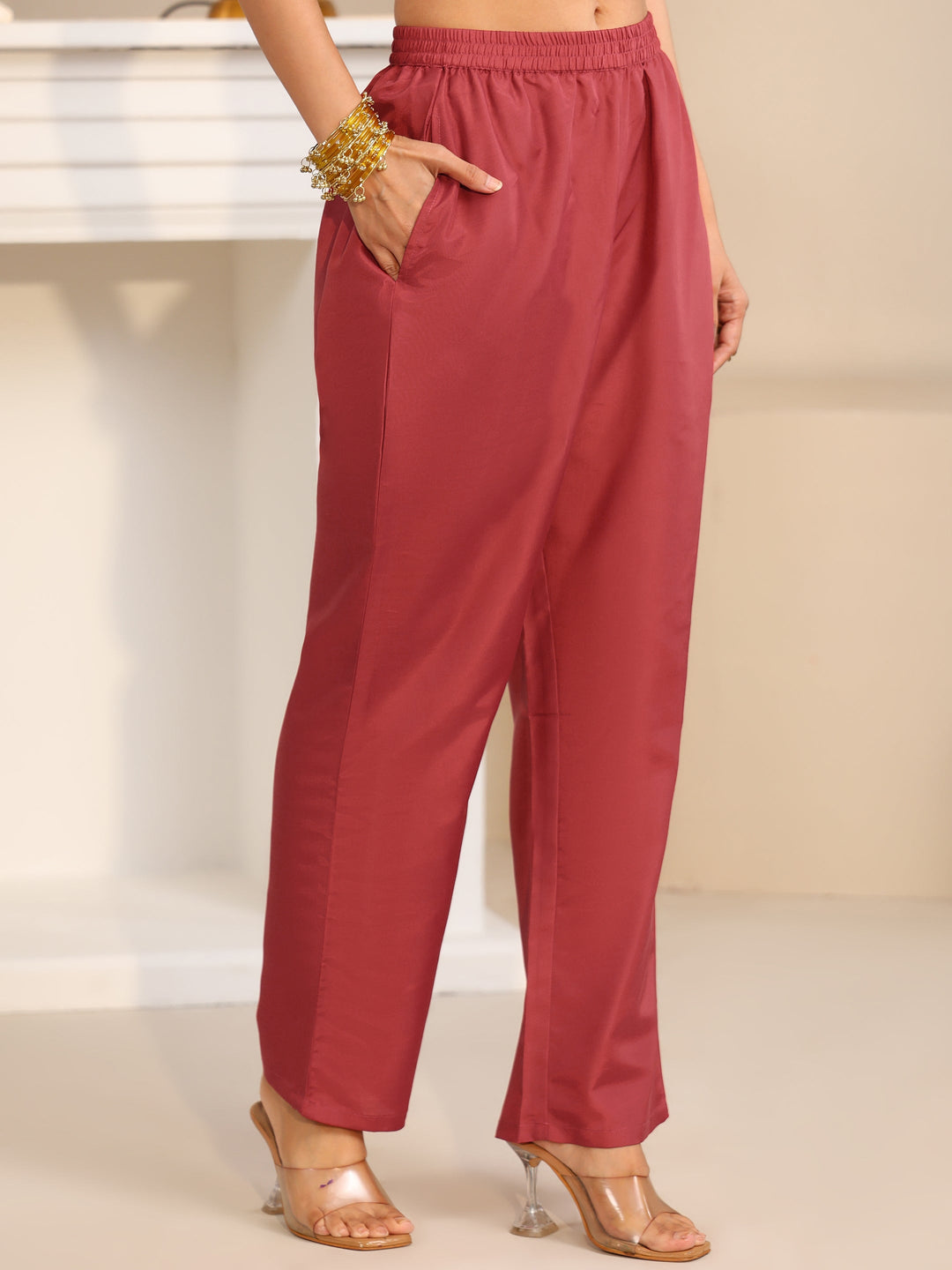 Libas Crimson Red Floral Embellished Georgette Straight Suit Set