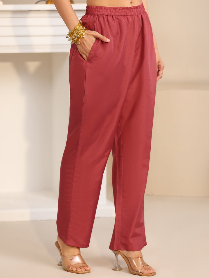Libas Crimson Red Floral Embellished Georgette Straight Suit Set