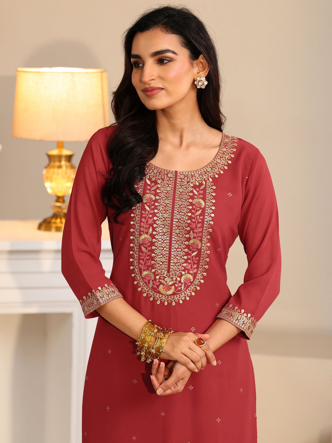 Libas Crimson Red Floral Embellished Georgette Straight Suit Set