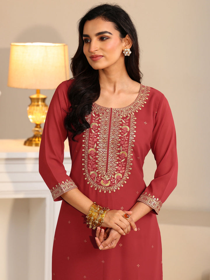 Libas Crimson Red Floral Embellished Georgette Straight Suit Set