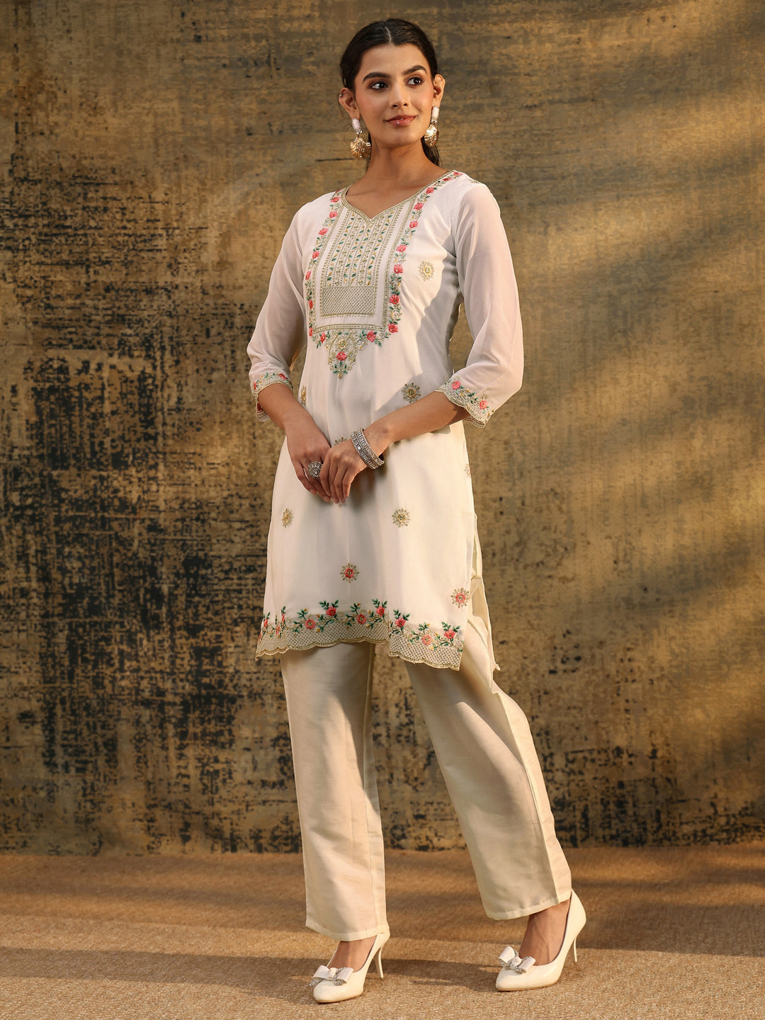 Libas Snow White Floral Embroidered Georgette Straight Suit Set