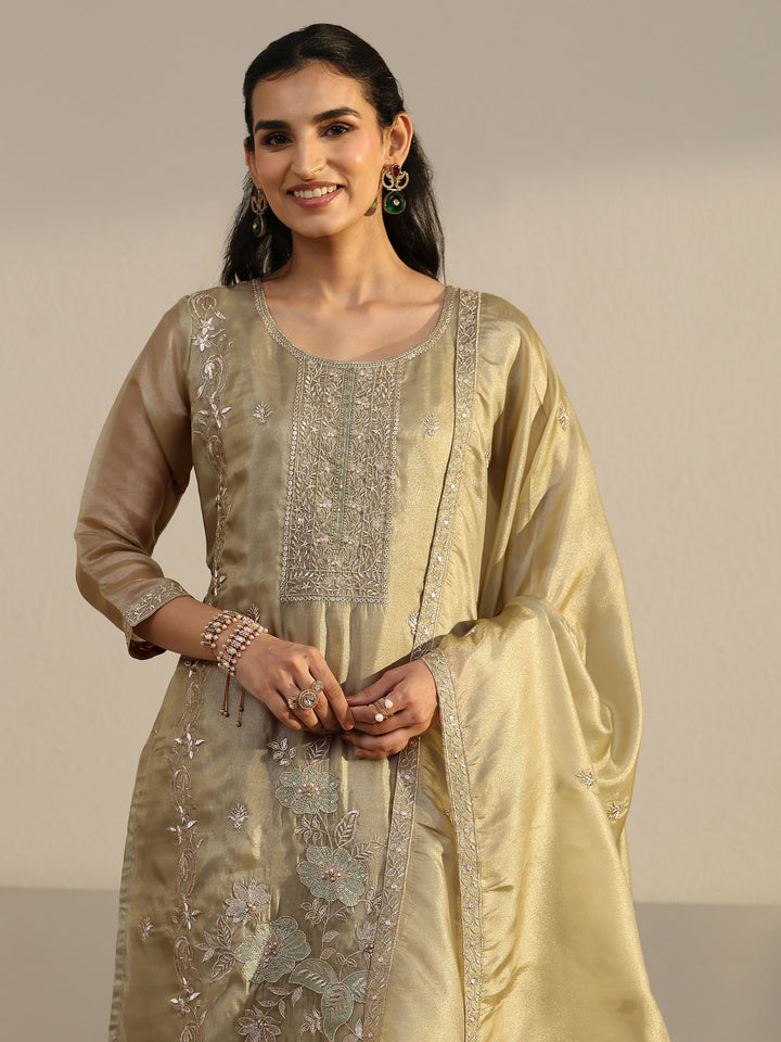 Libas Sage Green Floral Embroidered Organza Straight Suit Set