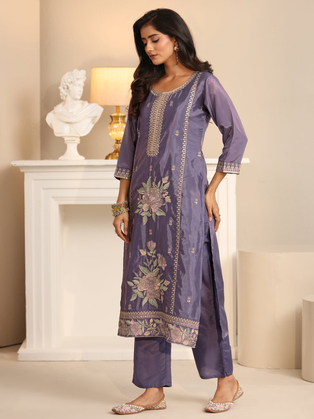 Libas Deep Lavender Floral Embroidered Organza Straight Suit Set