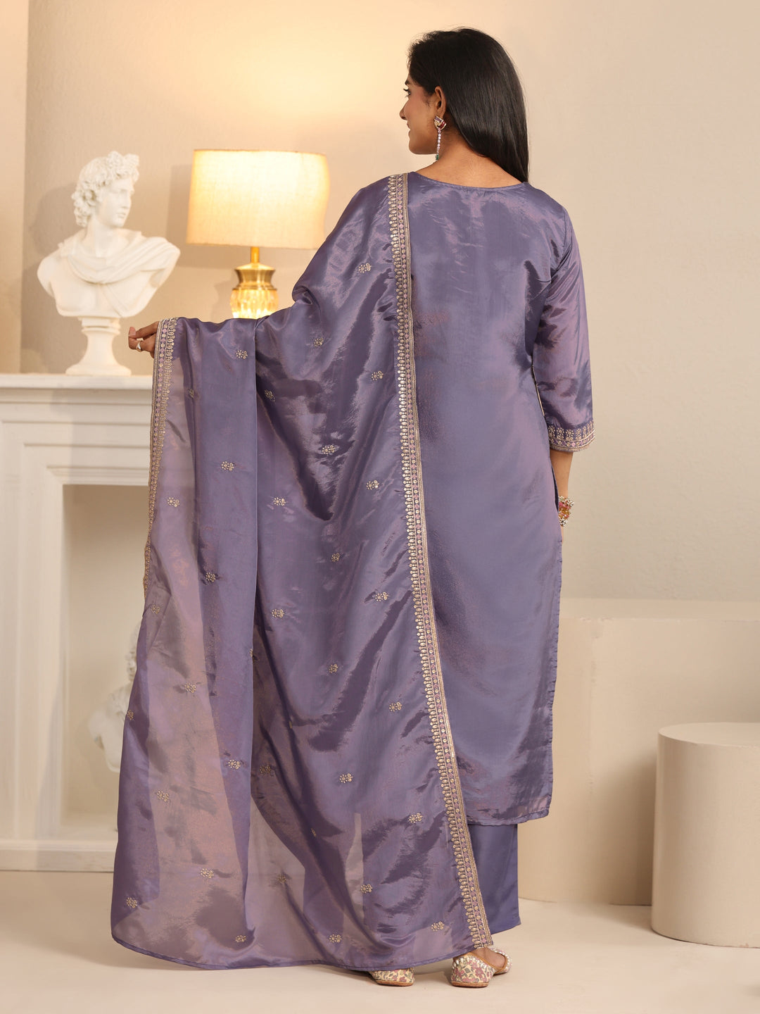 Libas Deep Lavender Floral Embroidered Organza Straight Suit Set