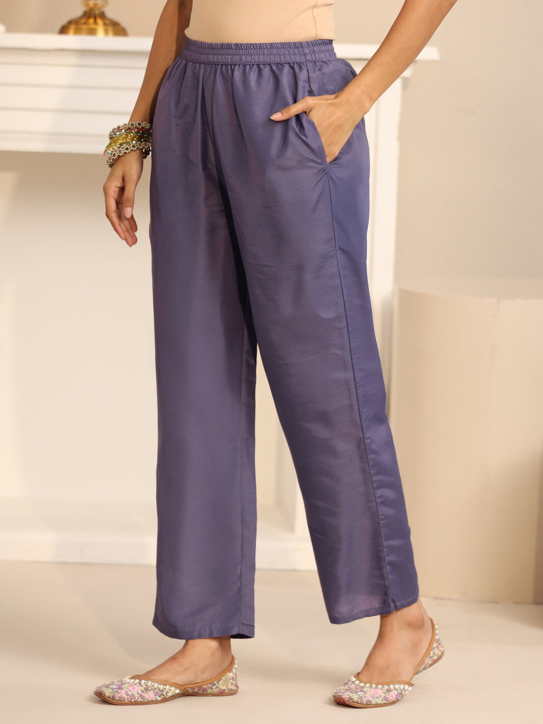 Libas Deep Lavender Floral Embroidered Organza Straight Suit Set