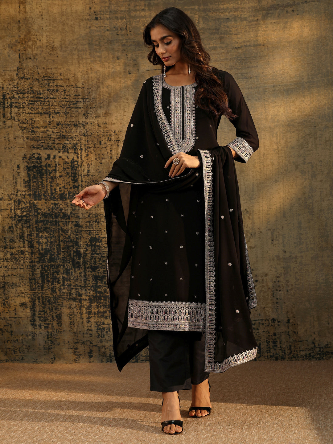 Libas Black Sequins Embellished Georgette Straight Suit Set
