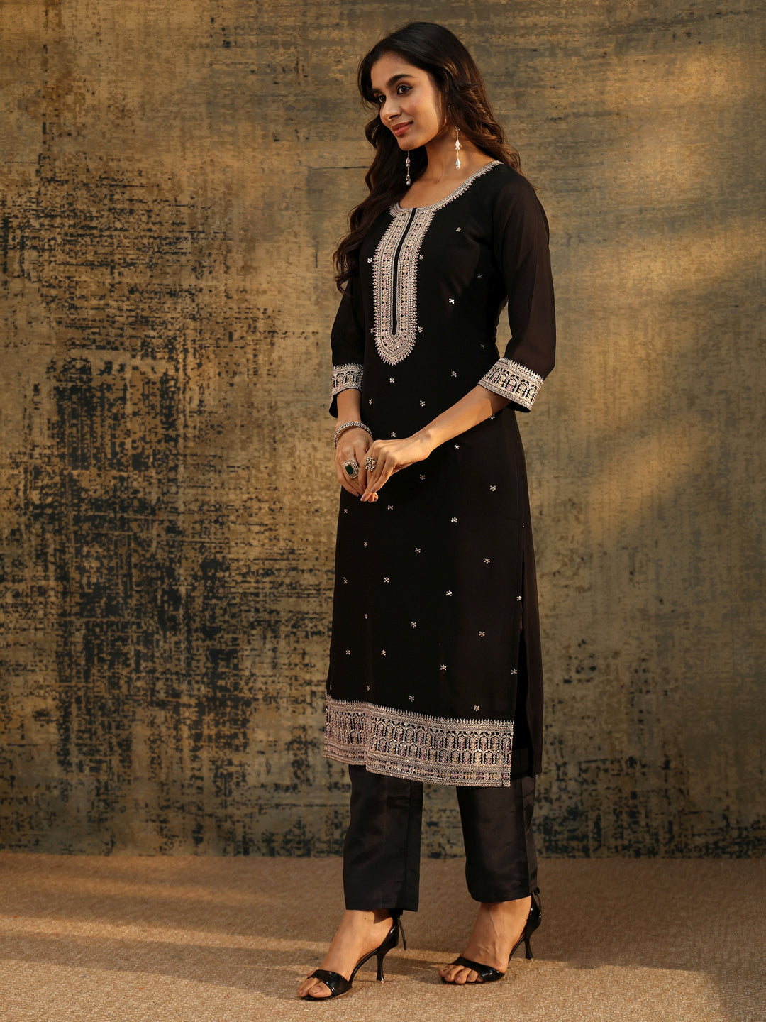 Libas Black Sequins Embellished Georgette Straight Suit Set