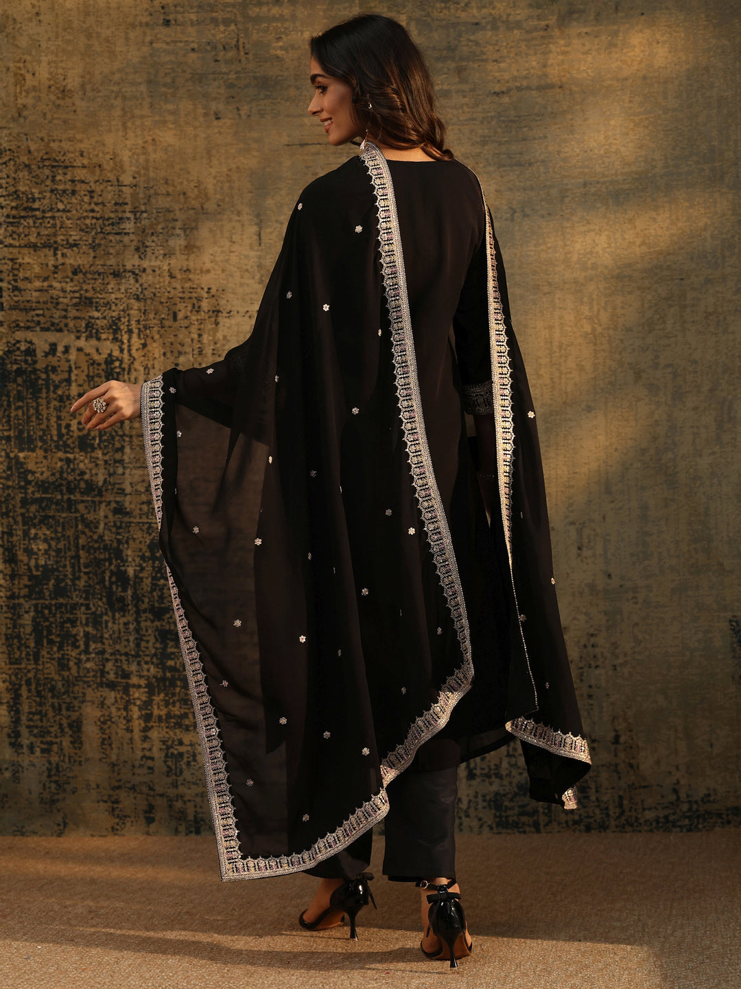 Libas Black Sequins Embellished Georgette Straight Suit Set