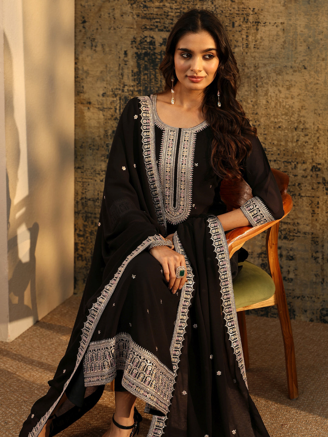 Libas Black Sequins Embellished Georgette Straight Suit Set