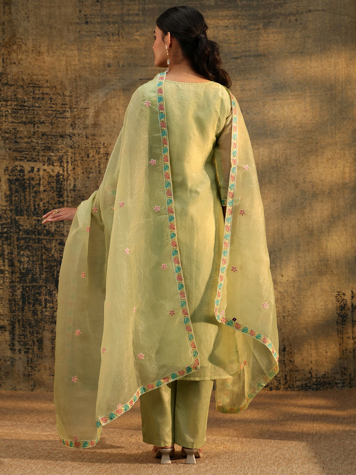 Libas Light Olive Ethnic Embroidered Organza Straight Suit Set