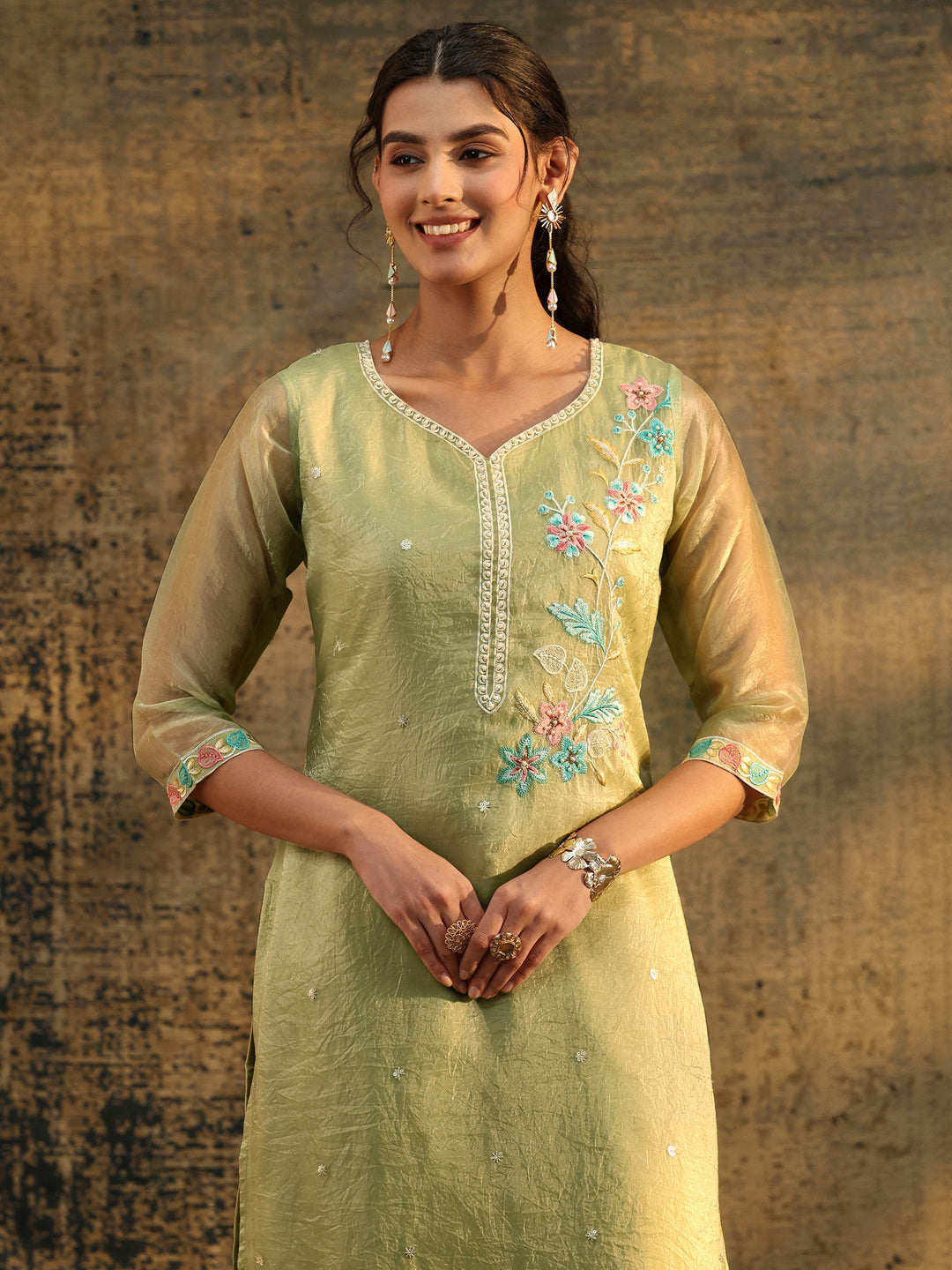 Libas Light Olive Ethnic Embroidered Organza Straight Suit Set