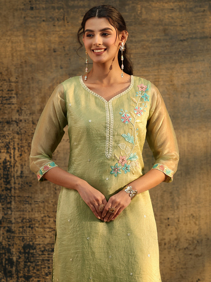 Libas Light Olive Ethnic Embroidered Organza Straight Suit Set