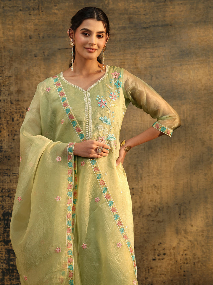 Libas Light Olive Ethnic Embroidered Organza Straight Suit Set