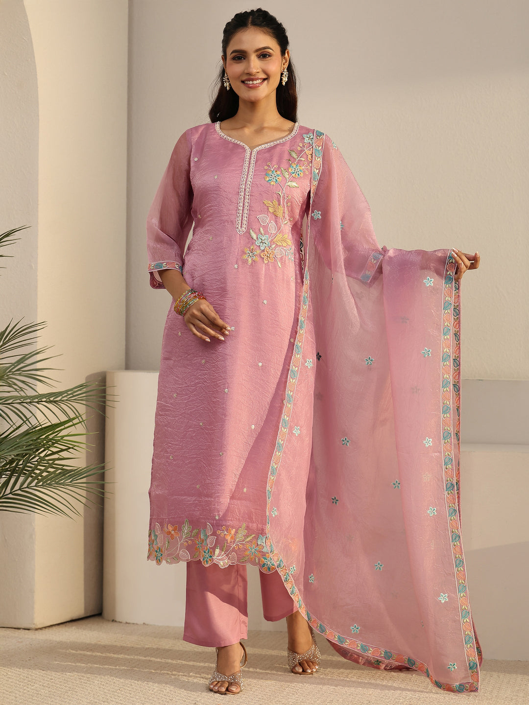 Libas Pink Floral Embroidered Organza Straight Suit Set