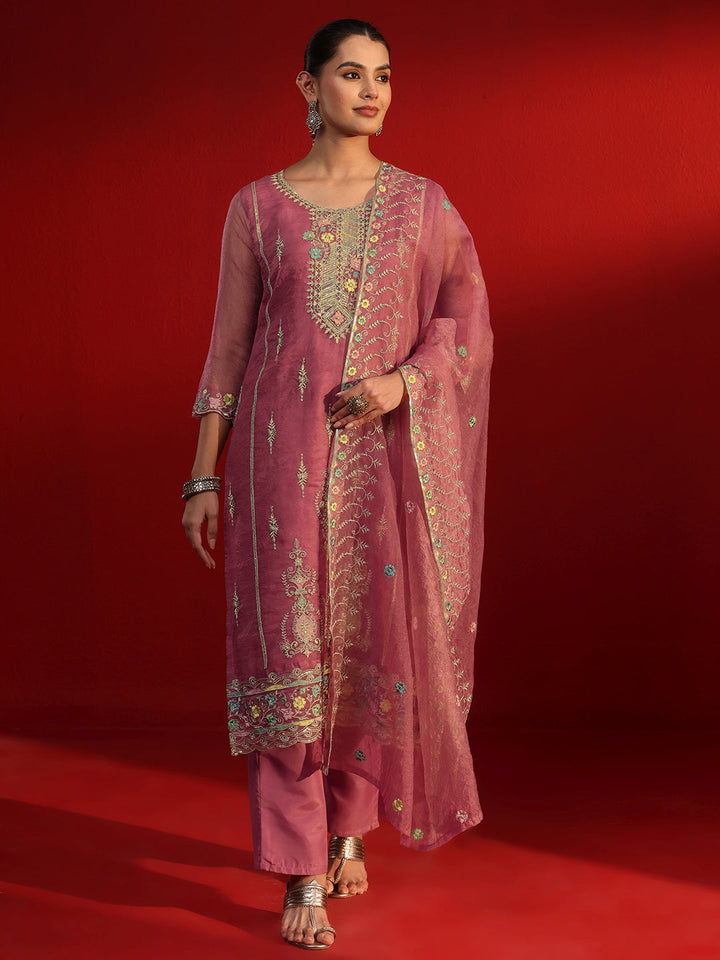 Libas Rose Pink Floral Embroidered Tissue Straight Suit Set