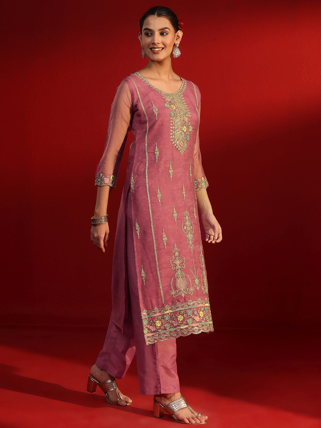 Libas Rose Pink Floral Embroidered Tissue Straight Suit Set