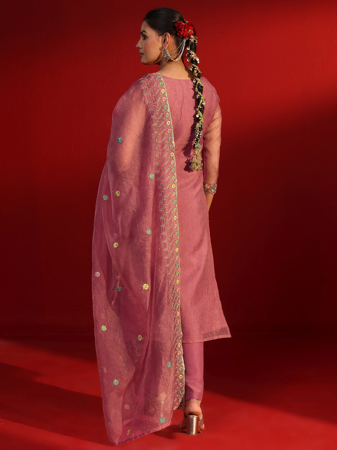 Libas Rose Pink Floral Embroidered Tissue Straight Suit Set