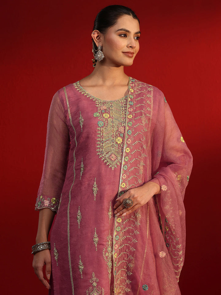 Libas Rose Pink Floral Embroidered Tissue Straight Suit Set