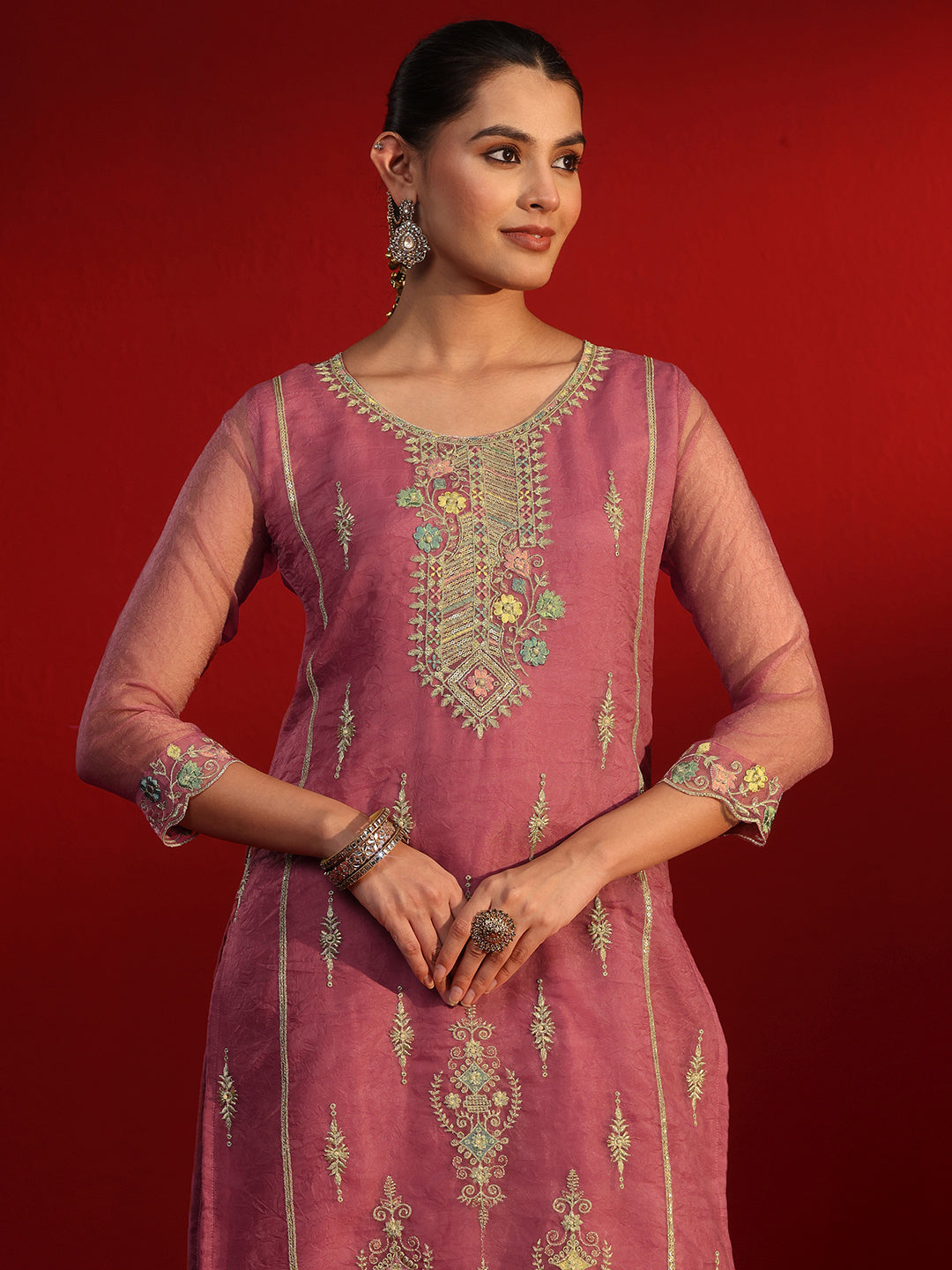 Libas Rose Pink Floral Embroidered Tissue Straight Suit Set