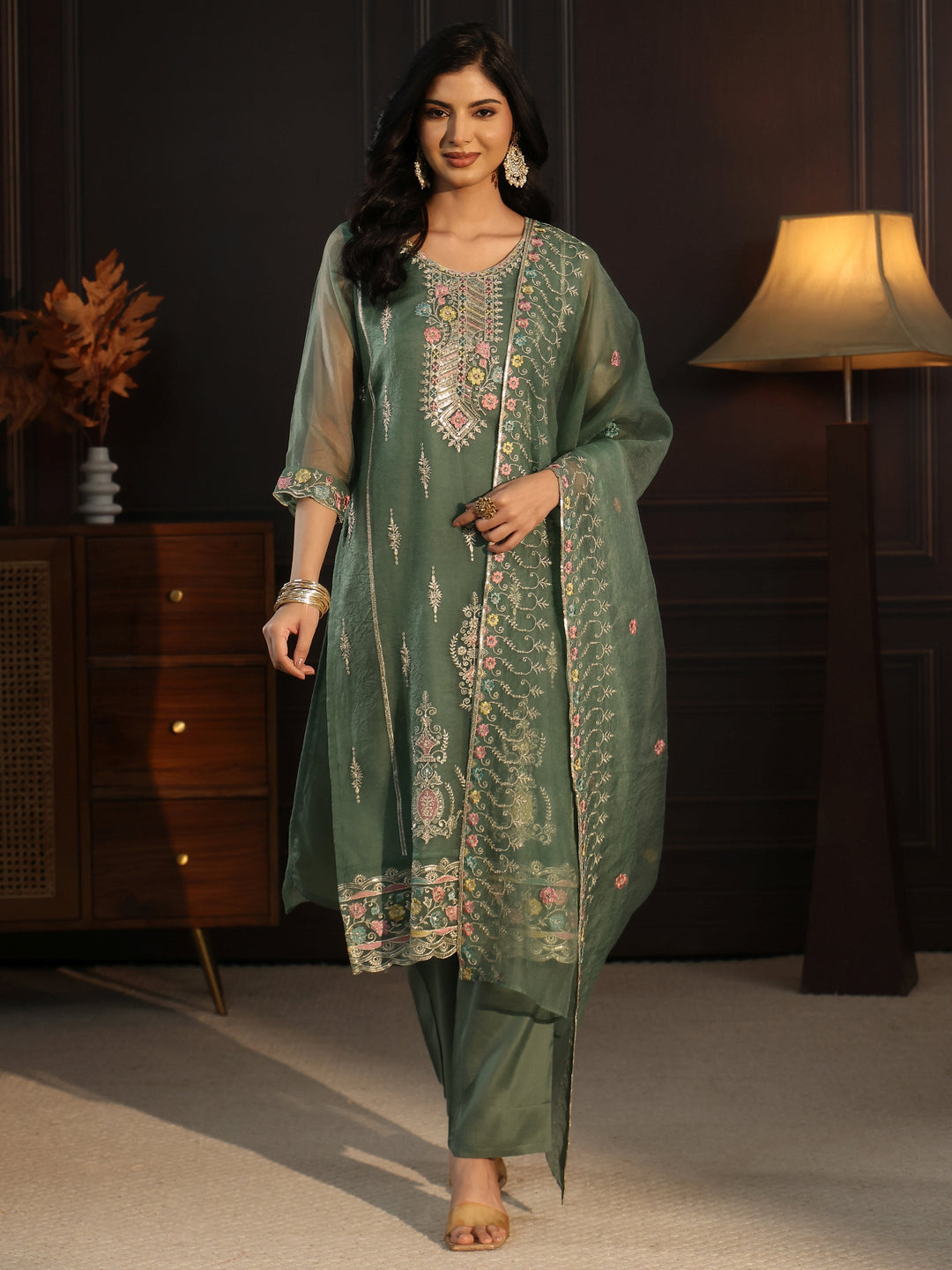Libas Green Floral Embroidered Tissue Straight Suit Set