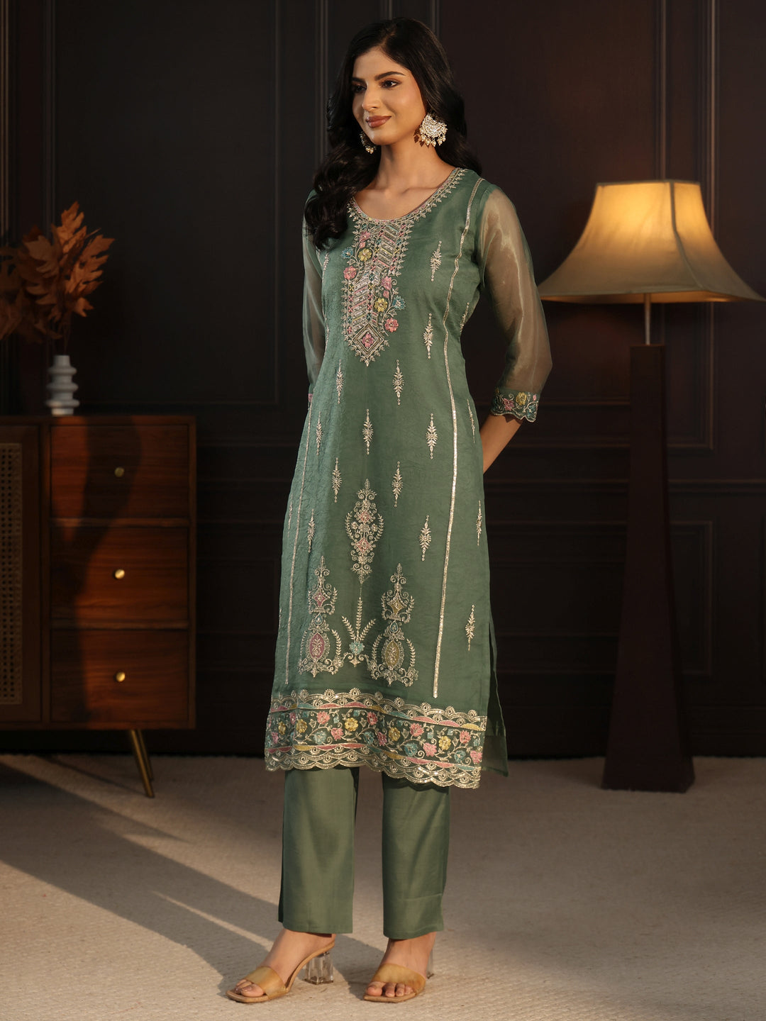 Libas Green Floral Embroidered Tissue Straight Suit Set