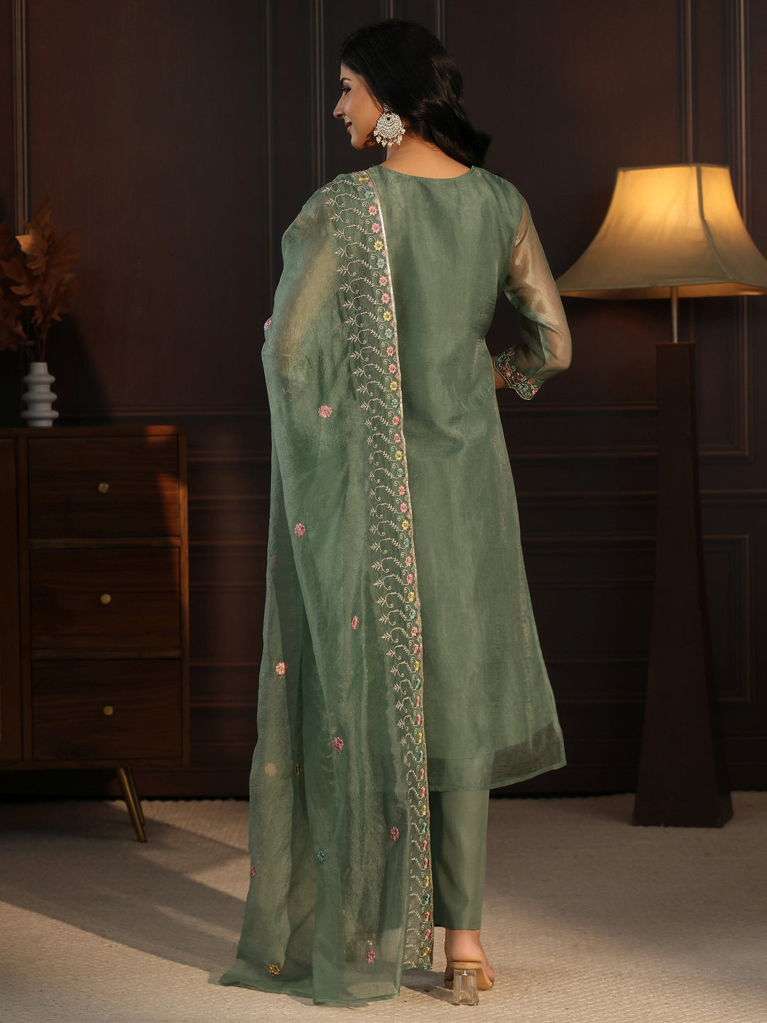 Libas Green Floral Embroidered Tissue Straight Suit Set