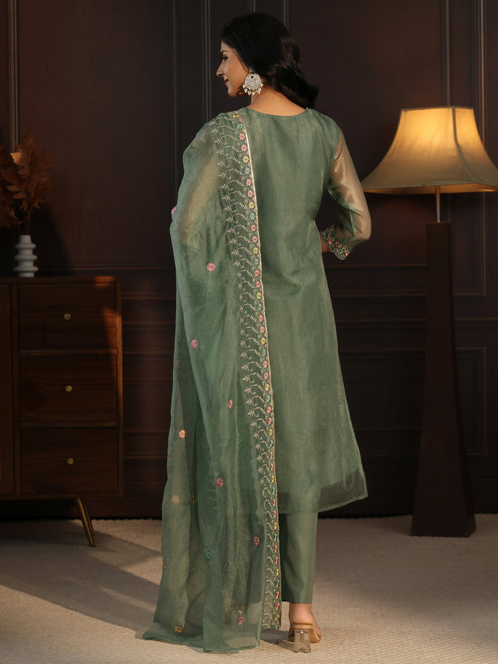 Libas Green Floral Embroidered Tissue Straight Suit Set