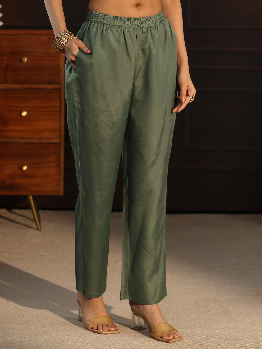 Libas Green Floral Embroidered Tissue Straight Suit Set