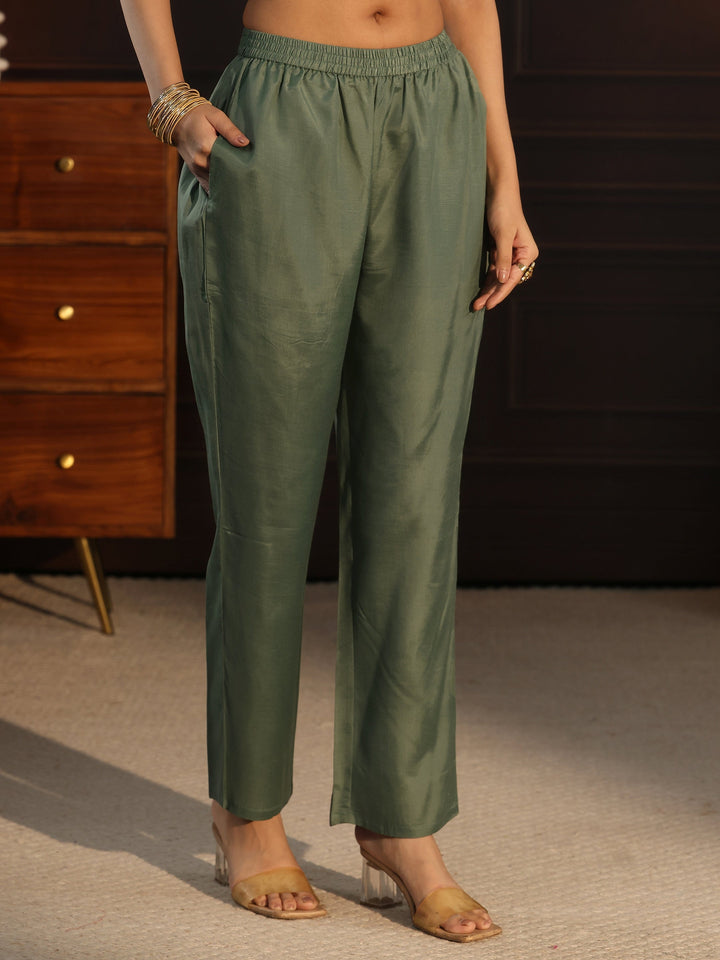 Libas Green Floral Embroidered Tissue Straight Suit Set