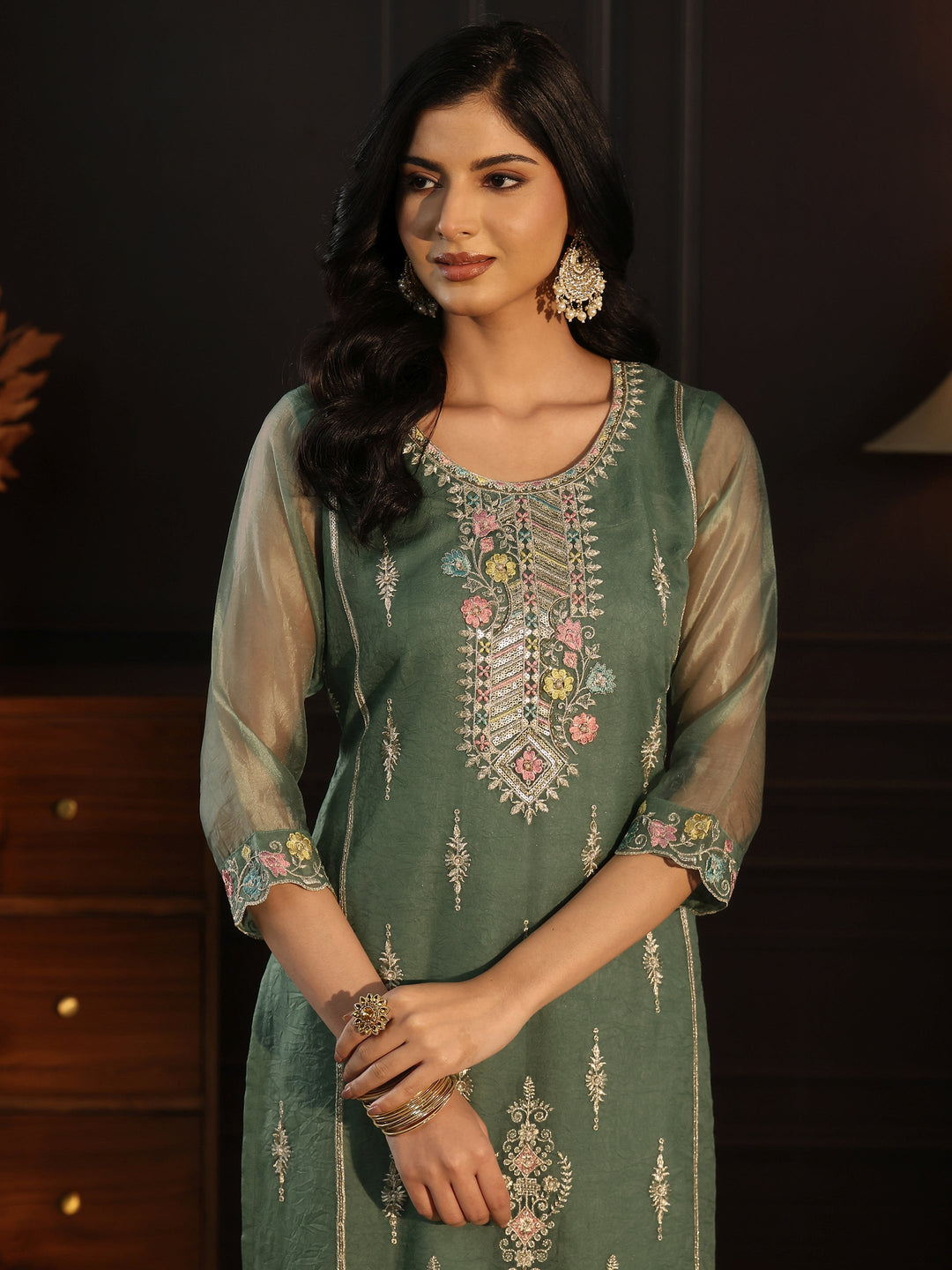 Libas Green Floral Embroidered Tissue Straight Suit Set