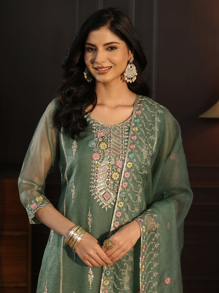 Libas Green Floral Embroidered Tissue Straight Suit Set