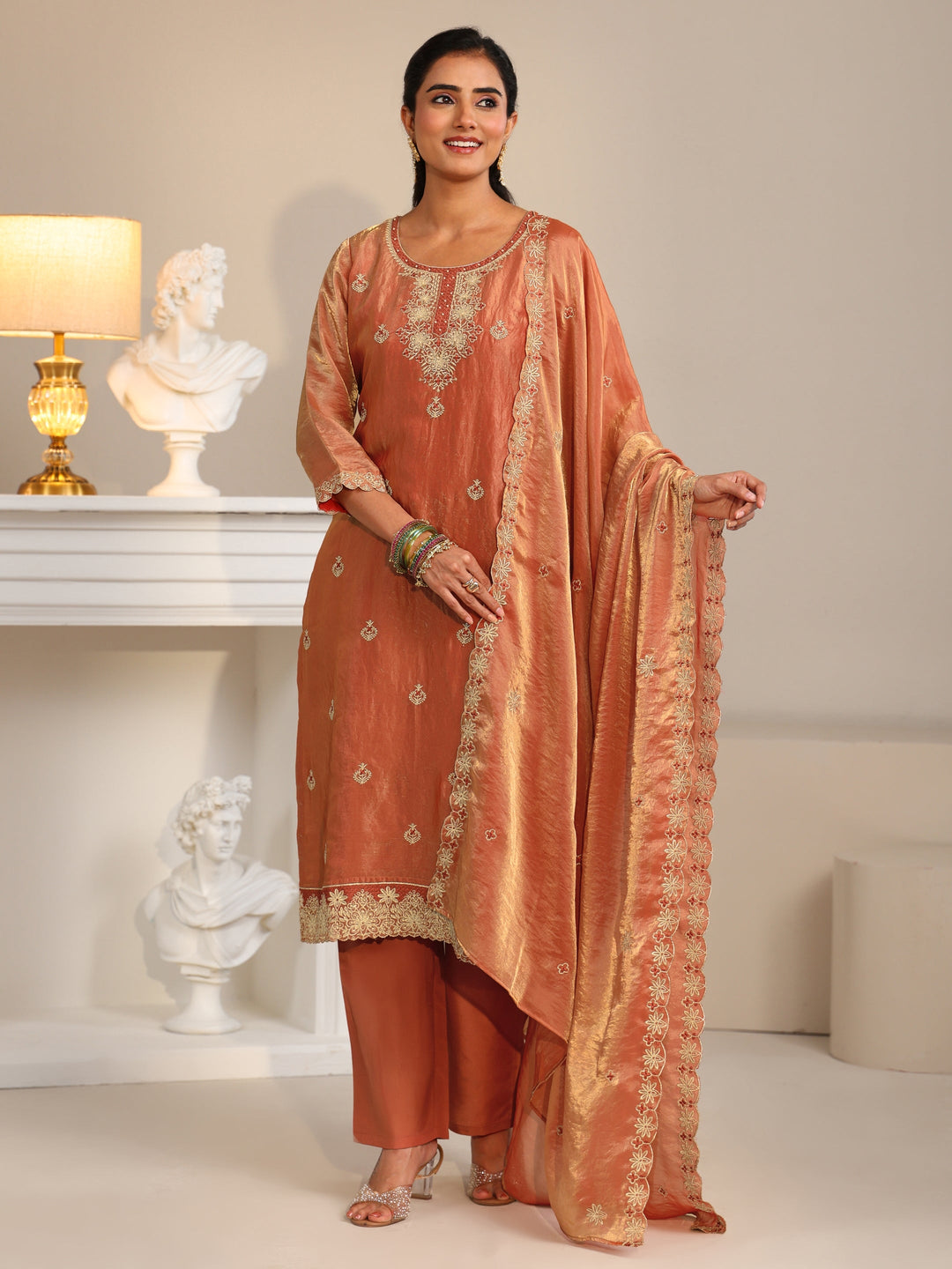 Libas Rust Embroidered Organza Straight Suit Set