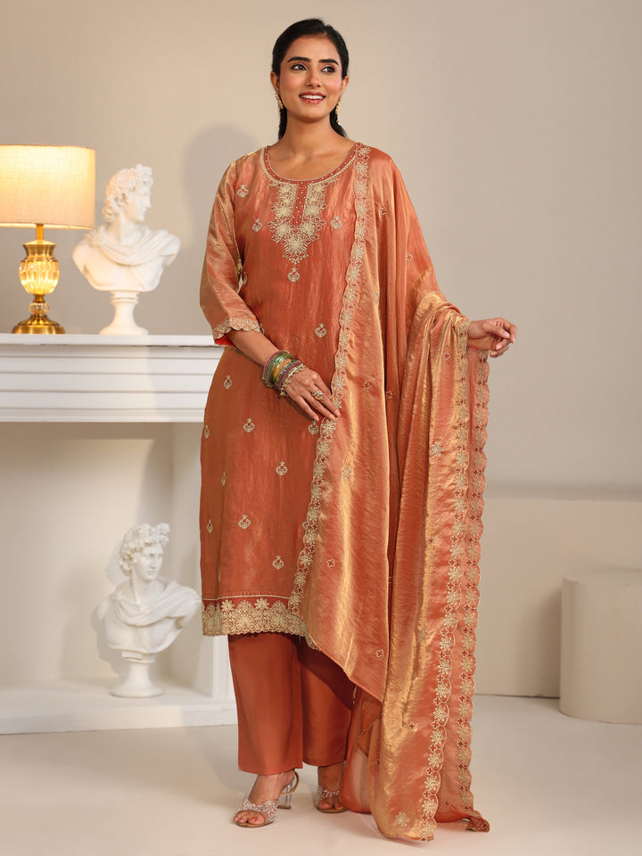 Libas Rust Embroidered Organza Straight Suit Set