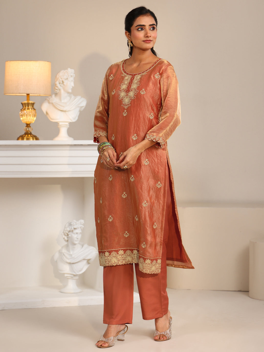 Libas Rust Embroidered Organza Straight Suit Set