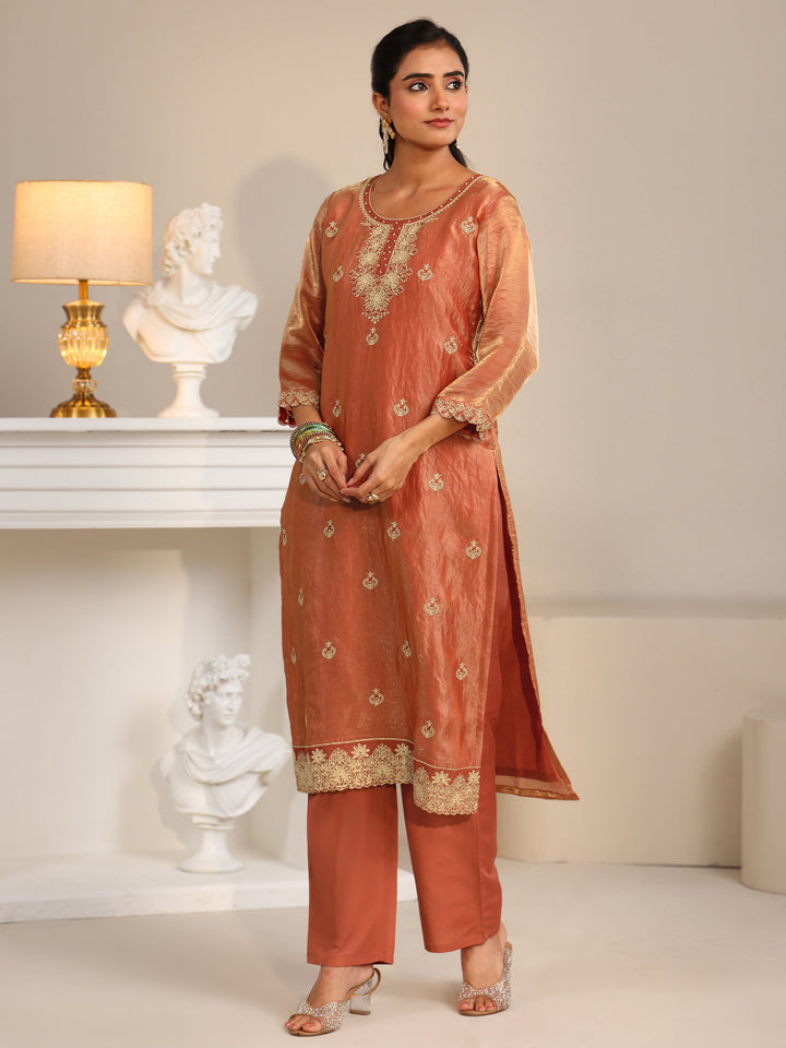 Libas Rust Embroidered Organza Straight Suit Set