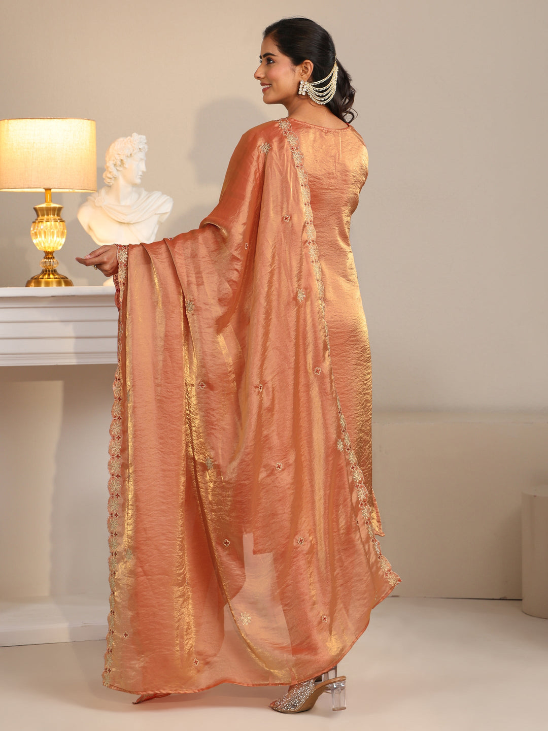 Libas Rust Embroidered Organza Straight Suit Set